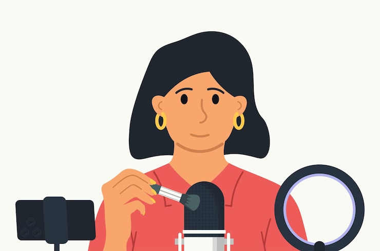 Vector concepto blogging mujer creando contenido asmr ilustración estilo plano vectorial