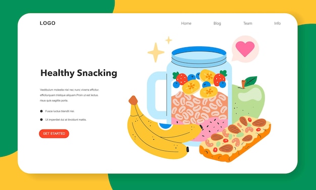Concepto de bocadillos saludables una página web con una mezcla de frutas nueces y un batido muestra nutritivo