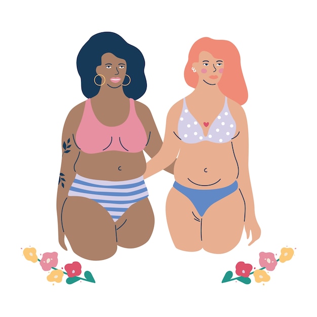 Concepto bodypositive. Personaje femenino desnudo está sentado