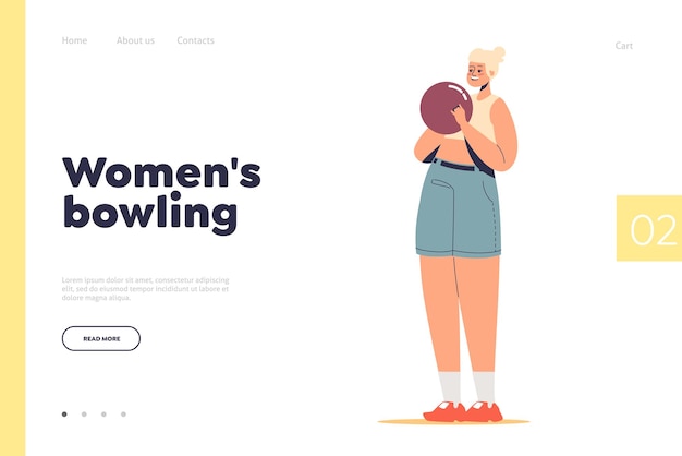 Concepto de bolos para mujeres de la página de destino con una niña sosteniendo la pelota para el juego de bolos Juego femenino feliz