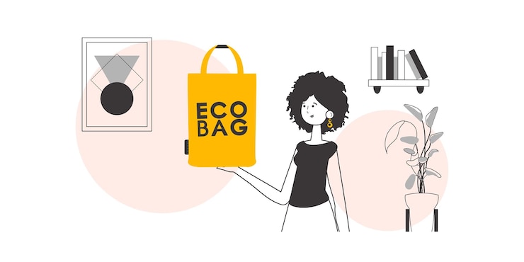 Vector el concepto de bolsas ecológicas y plástico. una mujer sostiene un paquete ecológico en sus manos. estilo moderno lineart.