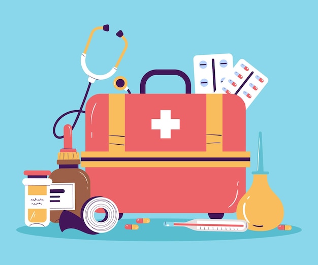 Concepto de botiquín de primeros auxilios y composición de medicamentos Elemento de ilustración de diseño gráfico vectorial