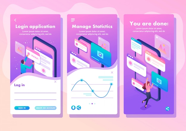 Concepto brillante de la aplicación de plantilla isométrica el proceso de creación de un diseño de aplicación, UI UX, aplicaciones de teléfonos inteligentes