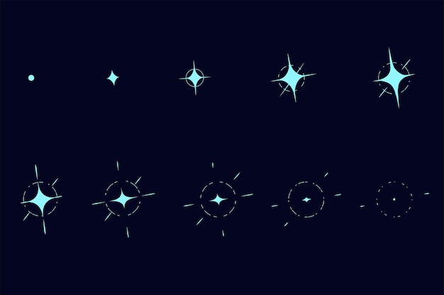 Concepto de brillo animado en el diseño de dibujos animados planos sobre un fondo oscuro Imágenes de la luz de las estrellas