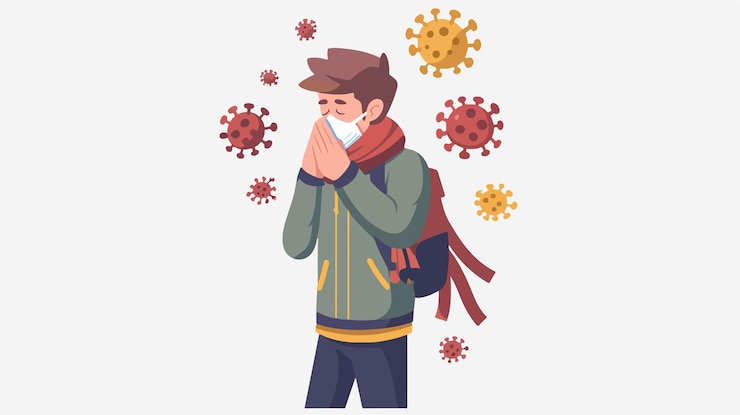 Vector el concepto de bronquitis de tos del hombre enfermo y resfriado común