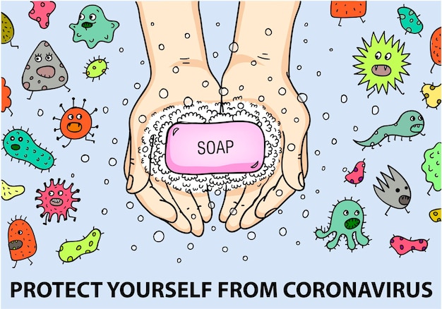 Concepto de brote de coronavirus COVID-19, cómo protegerse de infecciones, lavado de manos. Ilustración de dibujos animados de vector con manos y microbios huyendo. Cartel, pancarta, volante.