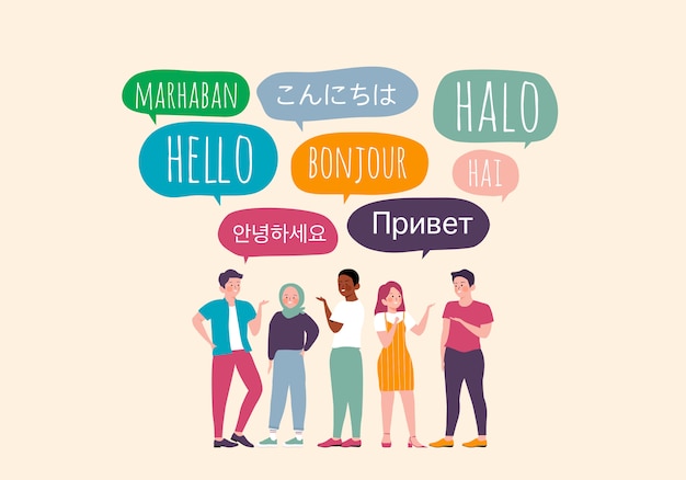 Concepto de burbuja de discurso de diferentes idiomas. Hola en diferentes idiomas. Diversas culturas, comunicación internacional. Hablantes nativos, ilustración de personajes de dibujos animados de hombre y mujer amigables