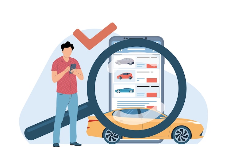 Vector el concepto de buscar y elegir un coche adecuado en una aplicación en un teléfono inteligente