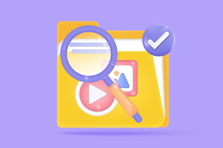 Vector concepto de búsqueda en 3d de la base de datos de documentos de gestión de archivos de medios de video de imagen con protección de seguridad lista de verificación de todo nota imagen de medios o concepto de video renderizado de vector 3d con fondo púrpura