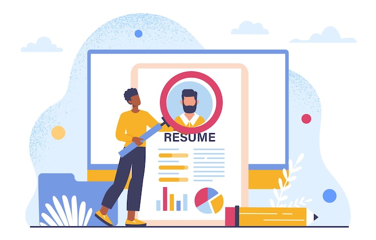 Vector concepto de búsqueda de candidatos vacante en empresa y organización búsqueda de talentos y reclutamiento búsqueda de empleado o trabajador gerente de recursos humanos con currículum ilustración de vector plano de dibujos animados