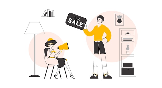 El concepto de búsqueda de compra y venta de bienes raíces Equipo de agente inmobiliario Lineart estilo minimalista Vector
