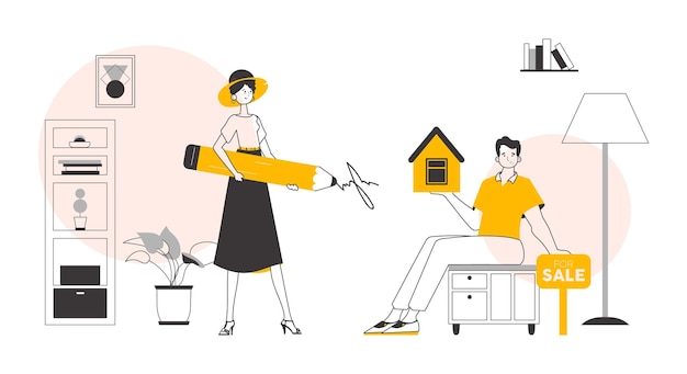 El concepto de búsqueda de compra y venta de bienes raíces Lineart estilo de moda Vector