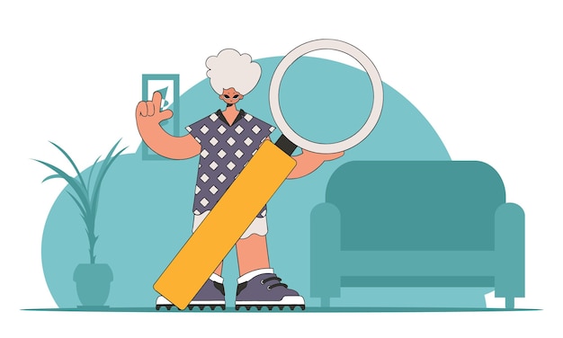 El concepto de la búsqueda de información El tipo está sosteniendo una lupa en sus manos personaje de estilo retro lineal