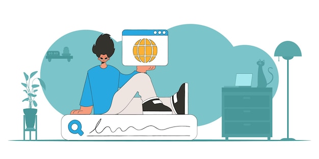 El concepto de búsqueda de información El tipo se sienta en la barra de búsqueda y sostiene un navegador web en sus manos personaje de estilo retro