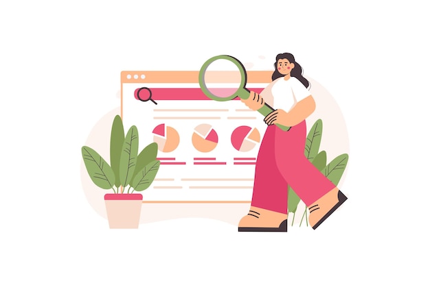 Concepto de búsqueda en Internet con escena de personas en el estilo de dibujos animados Chica busca información diferente