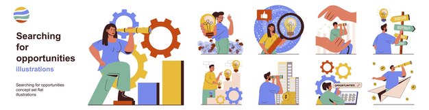 Concepto de búsqueda de oportunidades con colección de situaciones de personajes Paquete de escenas personas con catalejos y lupas en busca de direcciones profesionales Ilustraciones vectoriales en diseño web plano