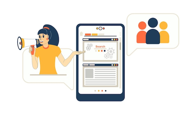 Concepto de búsqueda de personas en Internet. Mujer grita en un megáfono busca a sus amigos
