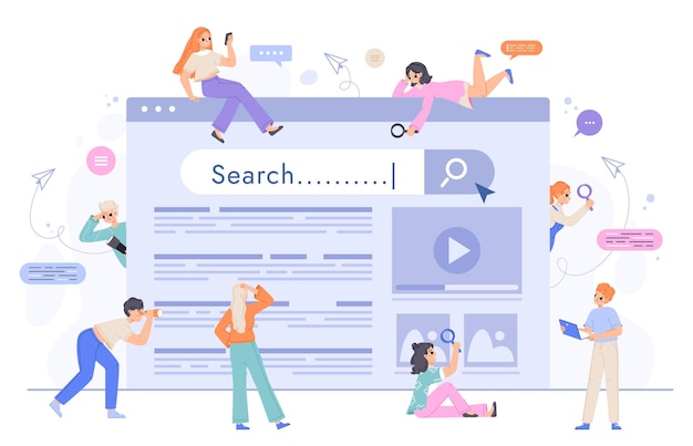 Concepto de búsqueda en la web personas que buscan trabajos o bienes navegar por sitios web en busca de información y respuestas adolescentes que utilizan Internet conjunto de vectores cómodos