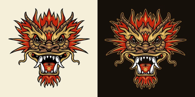 Concepto de cabeza de dragón enojado asiático en estilo aislado