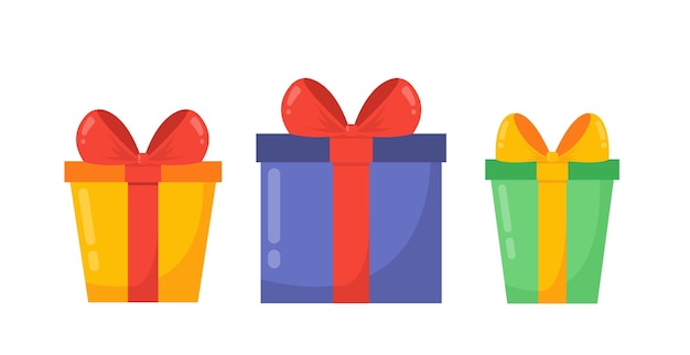 Concepto de cajas de regalo de fiesta de cumpleaños Conjunto de regalos y sorpresas Vacaciones y festivales Oferta especial descuentos y promociones Ilustración de vector plano de dibujos animados aislado sobre fondo blanco