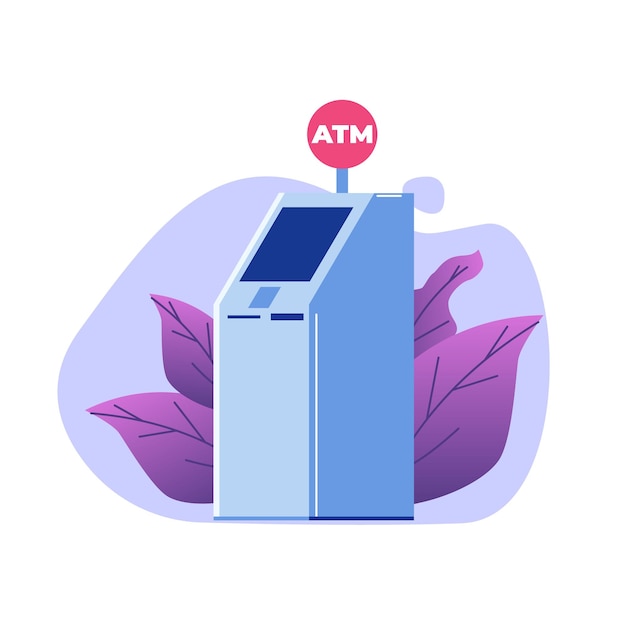 Concepto de cajero automático del banco ATM. Ilustración de estilo plano de vector.