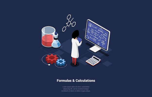 Concepto de cálculo y fórmulas de investigación química el asistente de laboratorio de carácter opera con la producción de controles de fórmulas en la línea de producción química dibujos animados isométricos ilustración vectorial 3d