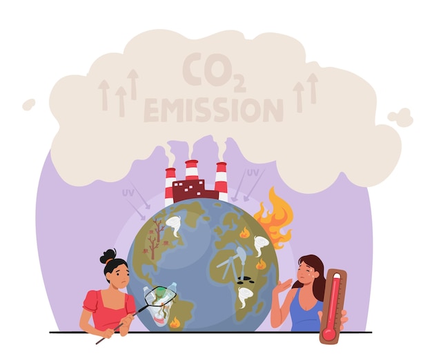 Concepto de calentamiento global y cambio climático Las mujeres recogen basura y muestran alta temperatura cerca de la Tierra con tuberías de fábrica que emiten contaminación por humo Emisión de gas CO2 Ilustración vectorial de dibujos animados