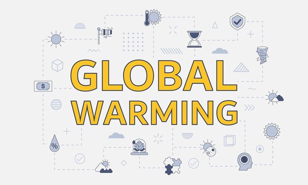 Concepto de calentamiento global con conjunto de iconos con gran palabra o texto en el centro
