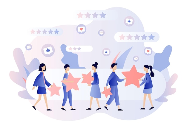 Concepto de calificación de estrellas Reseñas de clientes La gente deja comentarios y comentarios Estilo moderno de dibujos animados planos