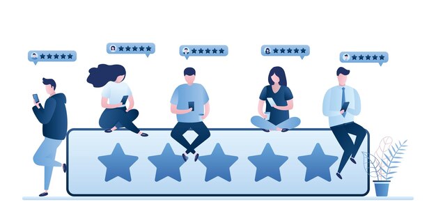 Concepto de calificación de revisión del cliente Clasificación de cinco estrellas y clientes dan revisión y retroalimentación con el teléfono inteligente