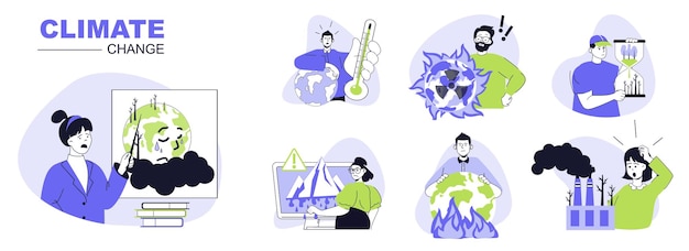 Concepto de cambio climático establecido para el diseño web Colección con personas que sufren de contaminación tóxica por temperaturas altas derretimiento de glaciares y más Ilustración vectorial plana aislada en fondo blanco
