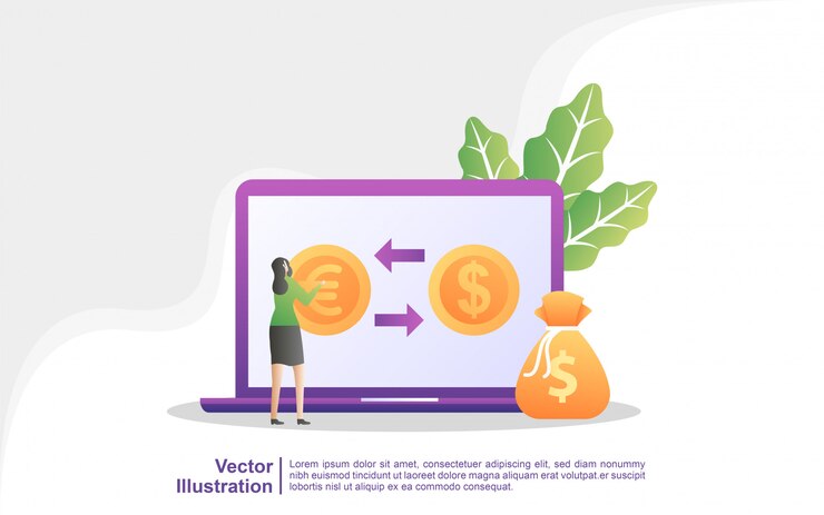 Vector concepto de cambio de moneda. las personas intercambian monedas en línea. servicios mundiales de cambio de divisas.