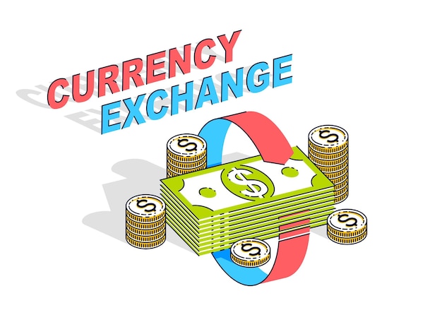 Concepto de cambio de moneda, pila de dinero en efectivo con flechas de bucle radial alrededor. Vector 3d ilustración isométrica de negocios y finanzas, diseño de línea delgada.