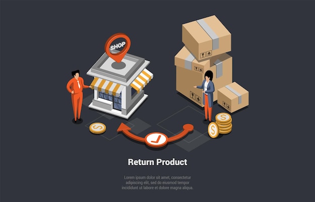 Concepto de cambio de producto y política de devolución Procedimiento de reembolso de compra Producto de devolución del cliente bajo garantía Chica intercambia productos por otro en la tienda Isométrica 3d Ilustración vectorial de dibujos animados