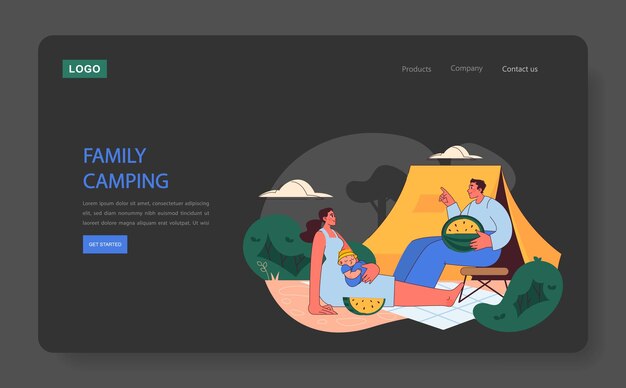 El concepto de campamento familiar es una escapada al aire libre serena con padres e hijos disfrutando de la naturaleza y la calidad.