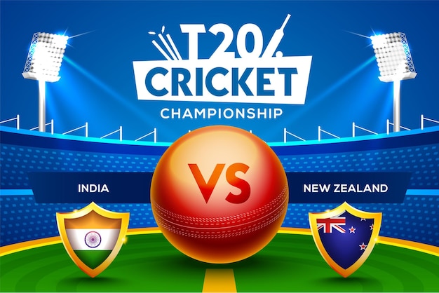 Concepto de campeonato de cricket T20 India vs Nueva Zelanda encabezado del partido o banner con pelota de cricket en el fondo del estadio.