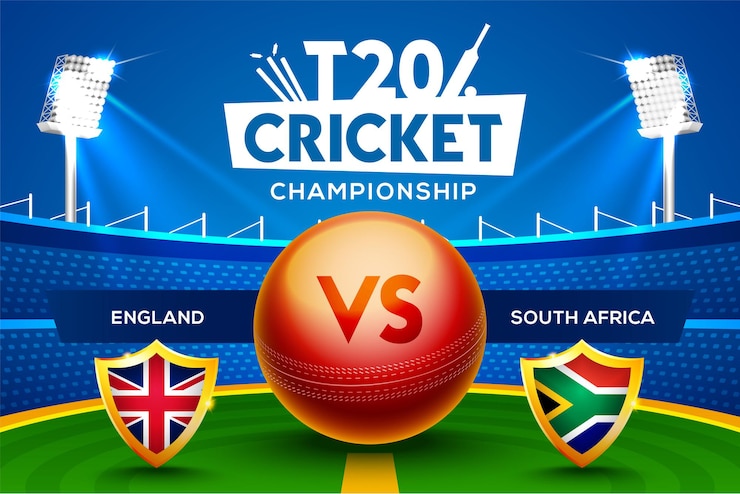 Vector concepto de campeonato de cricket t20 inglaterra vs sudáfrica encabezado del partido o banner con pelota de cricket en el fondo del estadio.