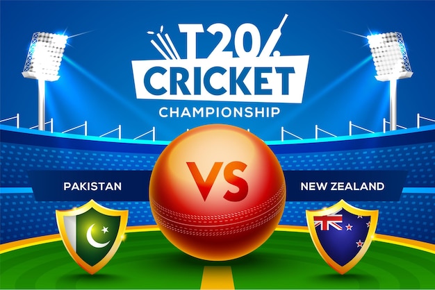 Concepto de campeonato de cricket t20 pakistán vs nueva zelanda encabezado del partido o banner con pelota de cricket en el fondo del estadio.