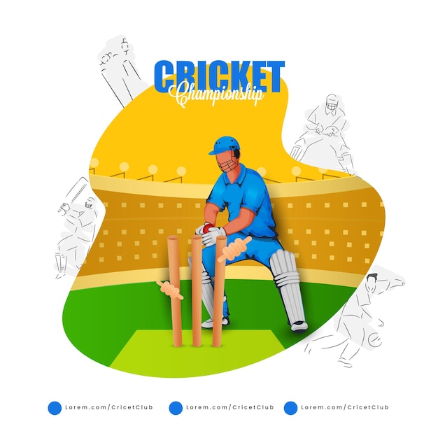 Concepto de campeonato de críquet con Wicket Keeper golpeó la bola a tocones en el fondo abstracto del estadio.