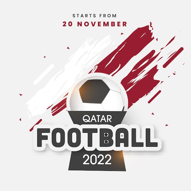 Vector concepto de campeonato de fútbol de qatar 2022 con balón de fútbol efecto de pincel blanco y granate contra el fondo