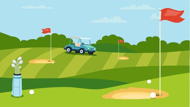 Concepto Campo de golf Este es un diseño de dibujos animados planos de un campo de golf como fondo Ilustración vectorial