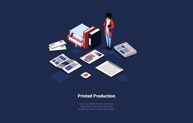 Concepto De Carácter De Agencia De Publicidad De Producción Impresa En Poligrafía Con Diario De Producción Impreso Calendario De Periódico Con Tarjeta De Visita De Flyer De Publicidad Isométrica Ilustración De Vector 3d