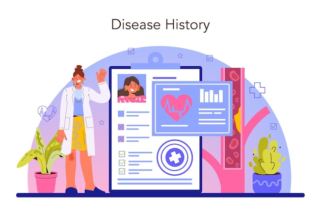 Concepto de cardiólogo. idea de diagnóstico y tratamiento médico del corazón. médicos que curan la hipertensión, la hipotensión u otras enfermedades cardíacas. ilustración vectorial plana