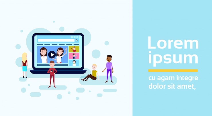 Vector concepto de carga de medios servicio de transmisión de video en línea interfaz de jugador hombre mujer reloj personaje de raza mixta sobre fondo blanco copia plana de longitud completa espacio