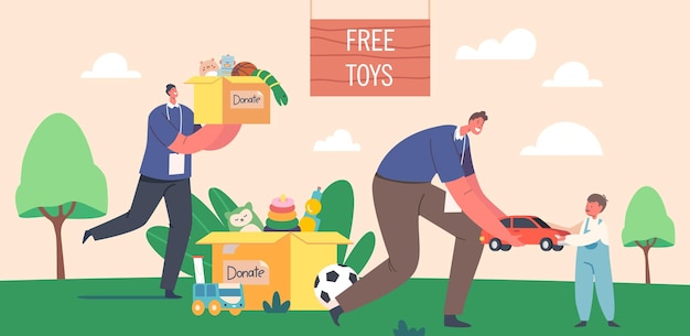 Concepto de caridad Hombre dando coche a niño Carácter voluntario Llevar caja de donación con juguetes para niños huérfanos Ayuda social