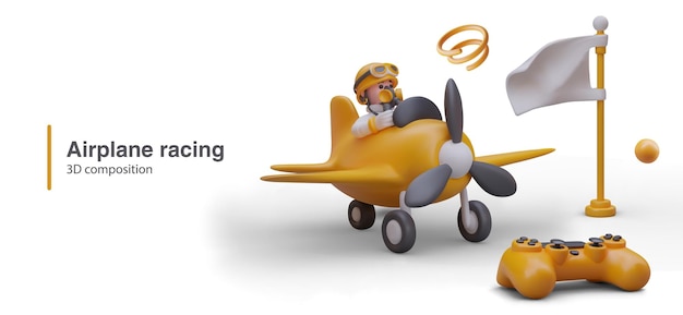 Concepto de carreras de aviones Personaje de dibujos animados en avión en colores amarillos listo para volar