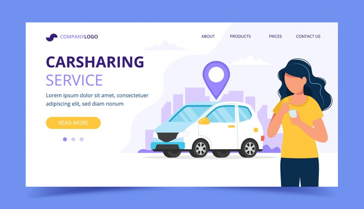Vector concepto de carsharing. mujer con teléfono inteligente. plantilla de página de aterrizaje.