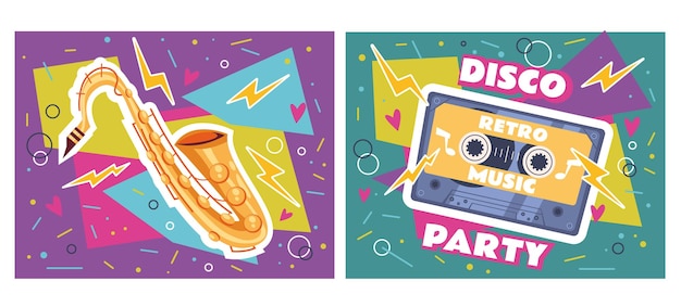 El concepto de cartel de banner de fiesta de música discoteca retro de los años 80 Diseño gráfico plano vectorial Ilustración de dibujos animados