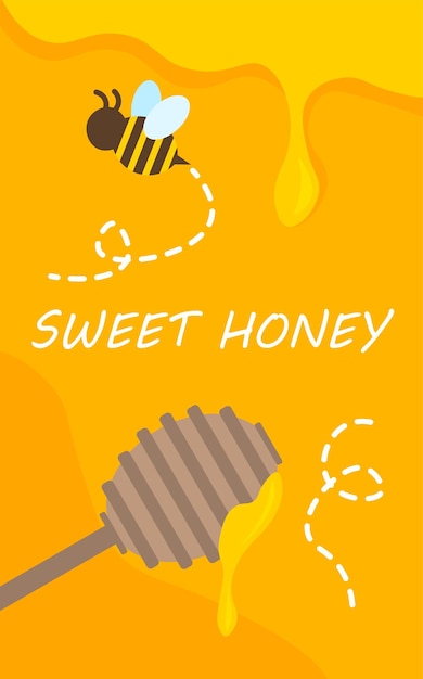 Concepto de cartel de miel dulce Abeja con miel líquida en palo Insecto amarillo y negro con alas Producto dulce natural Diseño de plantilla y maqueta Ilustración de vector plano de dibujos animados