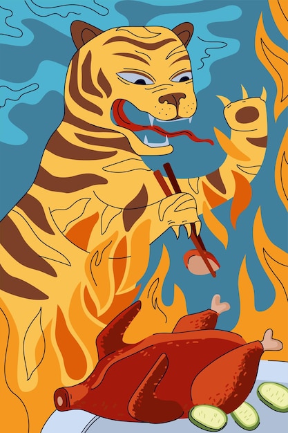 Concepto de cartel de pato de pekín de cocina china tigre de fuego nacional de china comiendo con palillos asados